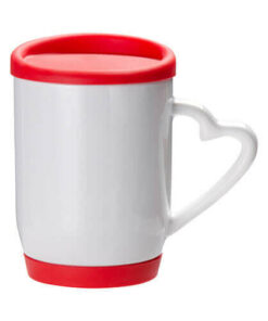 Tasse 360 ml, mit rotem Deckel und Untersetzer aus Silikon, Herzgriff, für die Sublimation