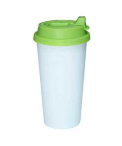 Tumbler-Becher, mit hellgrünem Deckel, für den Sublimationsdruck.