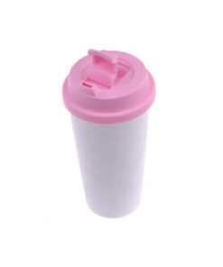 Tumbler-Becher, mit rosa Deckel, für den Sublimationsdruck.