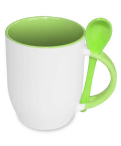 Fototasse 330ml mit  Teelöffel, mit der  patentierten JS-Beschichtung, hellgrün, für die Sublimation