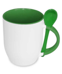 Fototasse 330ml mit  Teelöffel, mit eigener patentierten JS-Beschichtung, grün, für die Sublimation