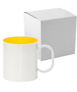 Tasse 330ml, Kunststoff, gelbe Innenseite, mit Box, für die Sublimation